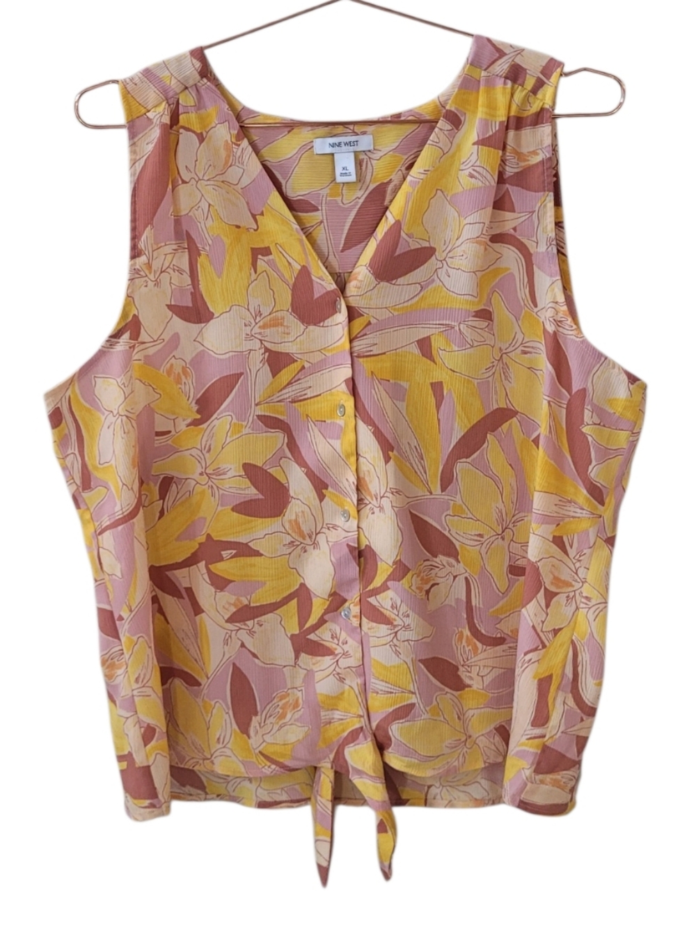 NINE WEST Yellow Multi Floral Button Front Knot Tie Sleeveless Top Size XL
